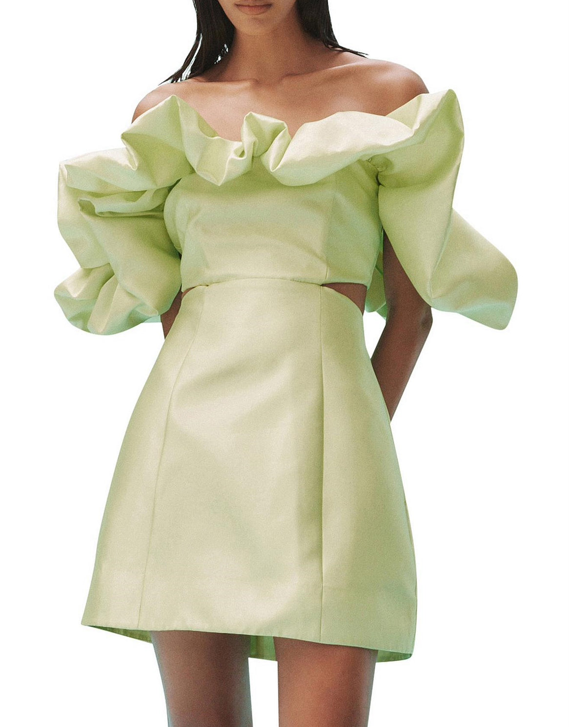 strapless open back dress Kenzie Off Shoulder Ruffle Mini Dress Holly Green main image 1
