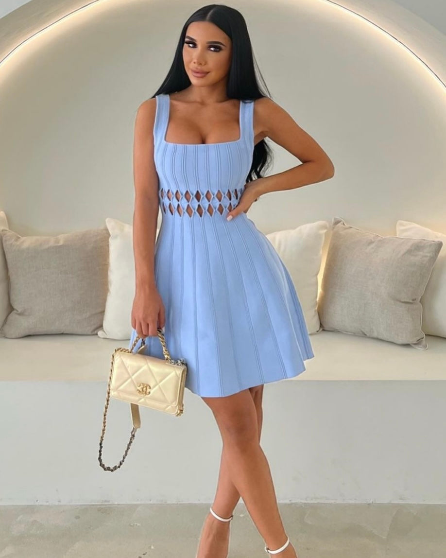 Aje Ney Diamond Cut Out Mini Dress - Blue SBS Dress Hire Aje Ney Diamond Cut Out Mini Dress - Blue SBS Dress Hire
