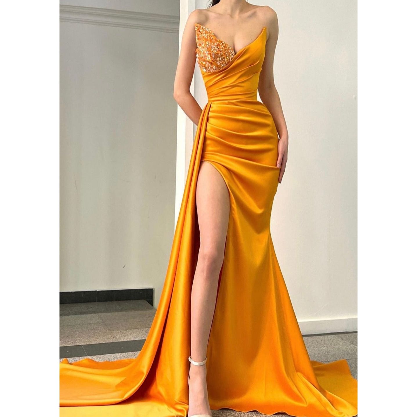 SBS Mishka Drape Gown – Mango Orange – SBS Dress Hire