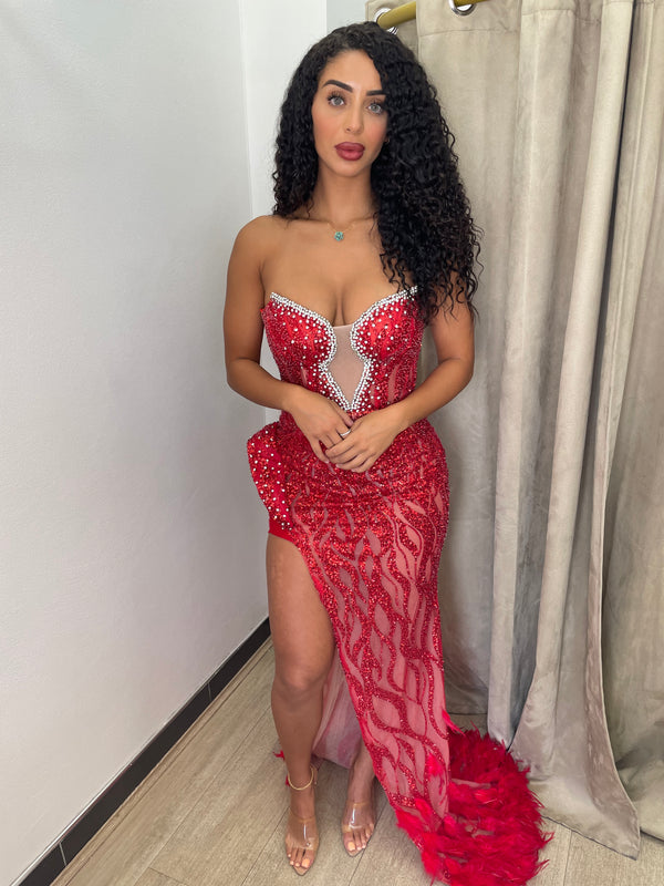 SBS Maria Embellished Feather Gown - Red