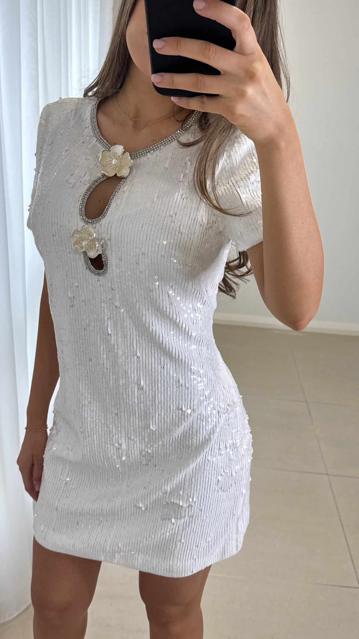 Self Portrait Embellished Flower Mini Dress - White