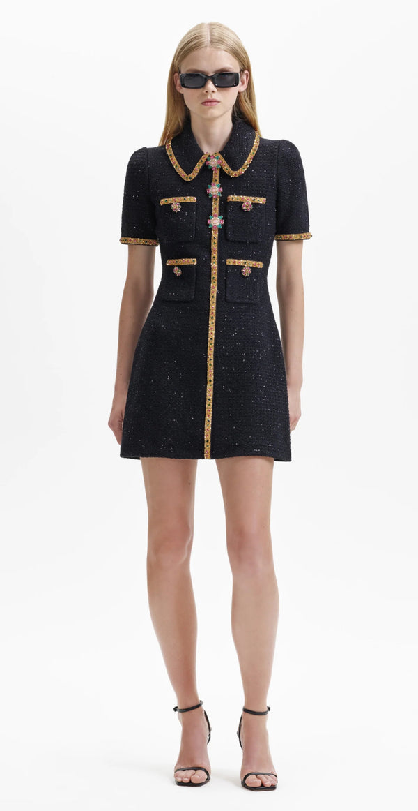 Self Portrait Embellished Mini Knit Dress - Black