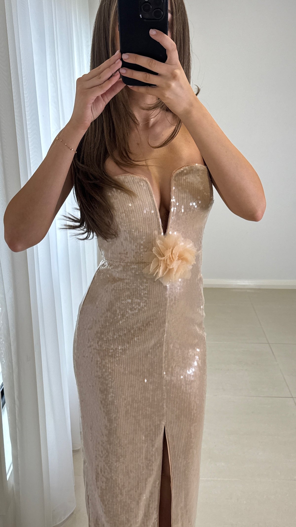Self Portrait Nude Sequin Plunge Flower Gown