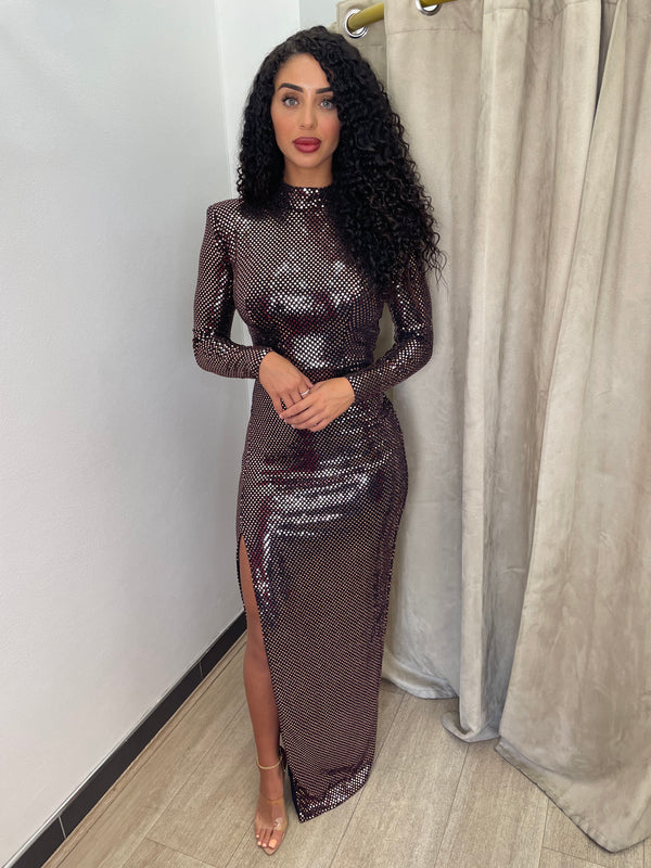 Lia Stublla Long Sleeve Metallic Gown - Rose Gold