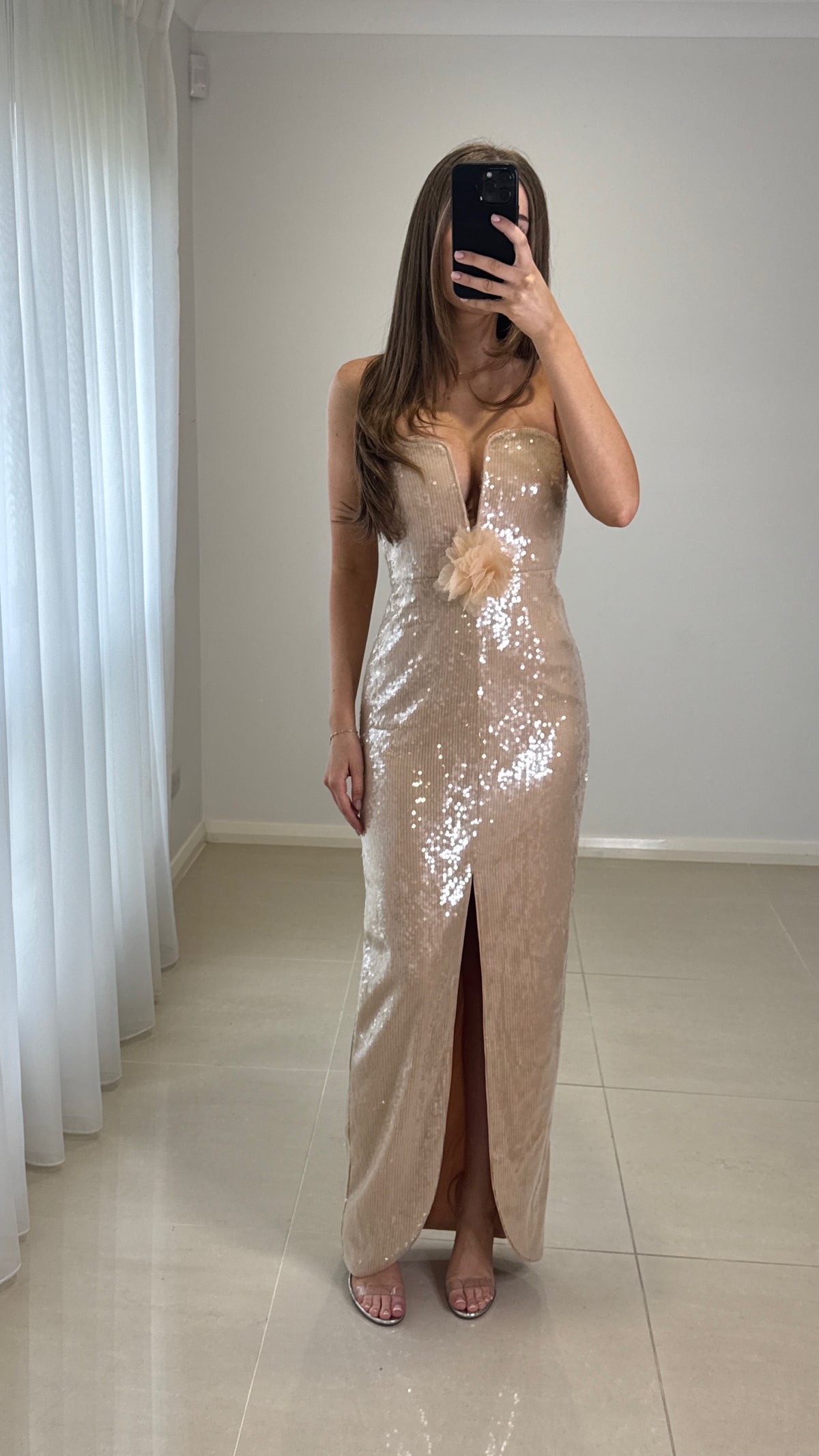 Self Portrait Nude Sequin Plunge Flower Gown