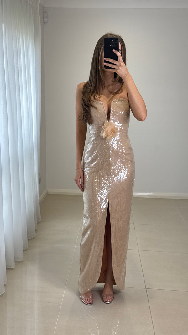 Self Portrait Nude Sequin Plunge Flower Gown