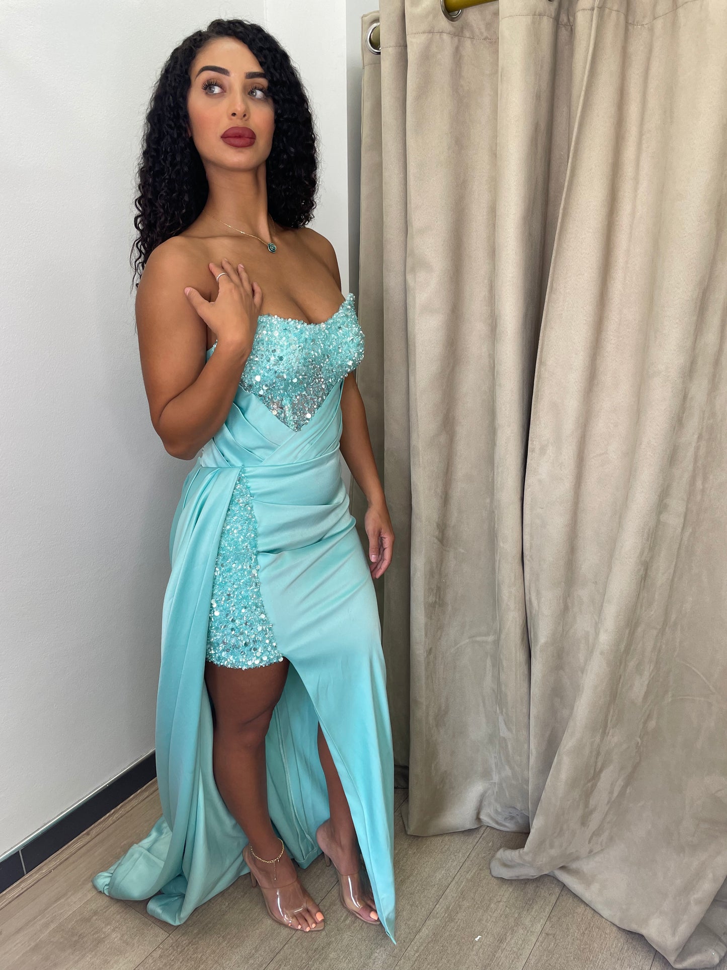SBS Flora Embellished Strapless Gown – Mint Green