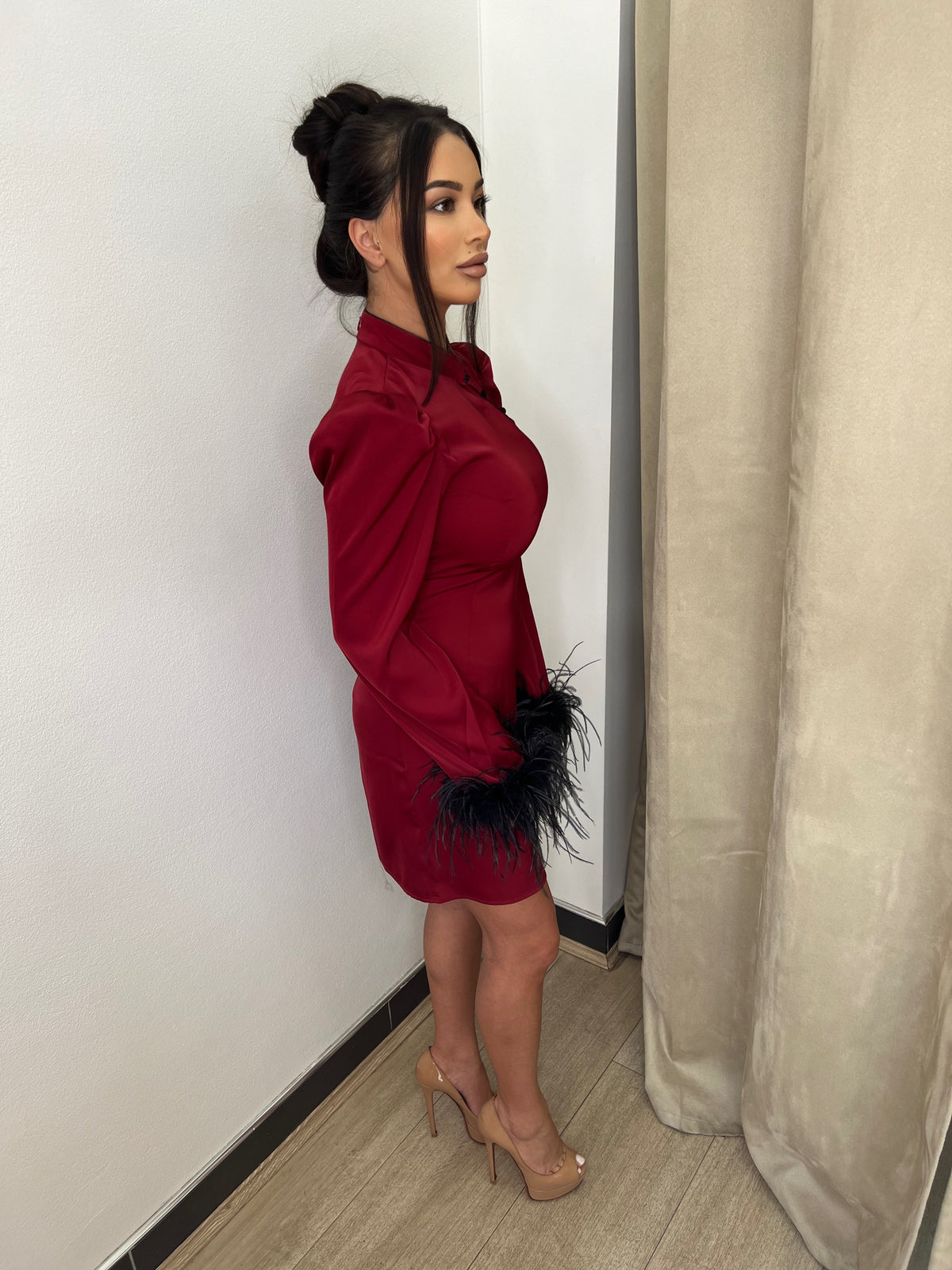 De La Vali Red Feather Mini Dress