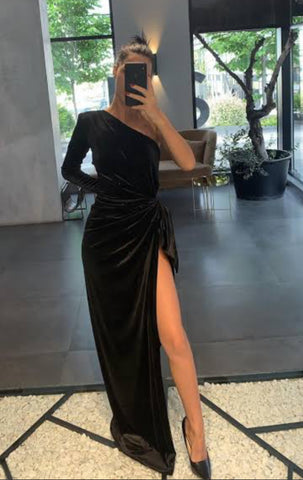 Lia Stublla Olive Green Velvet One Sleeve Gown