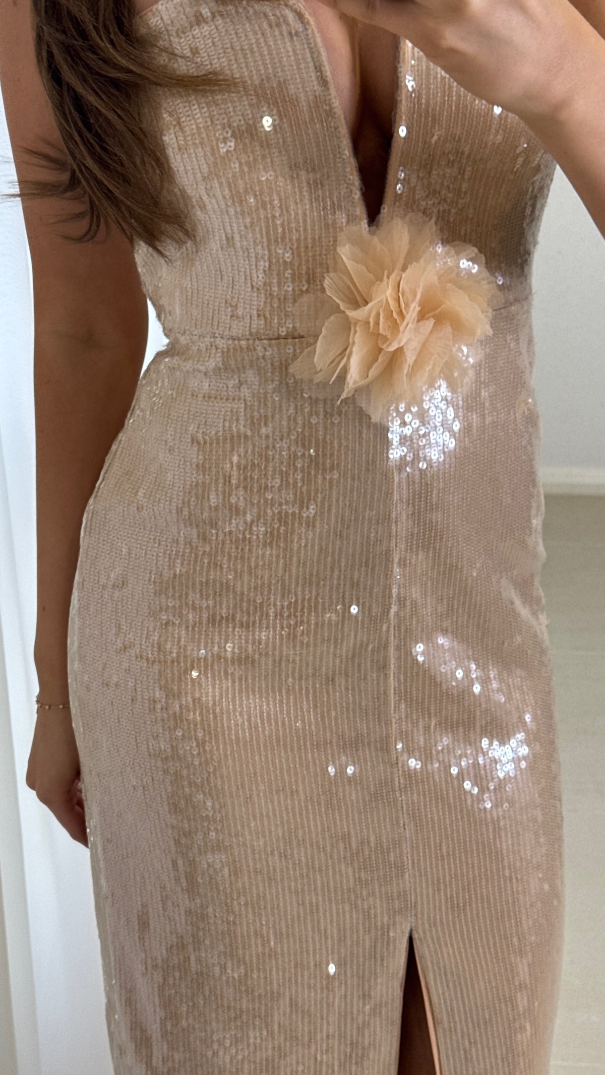Self Portrait Nude Sequin Plunge Flower Gown