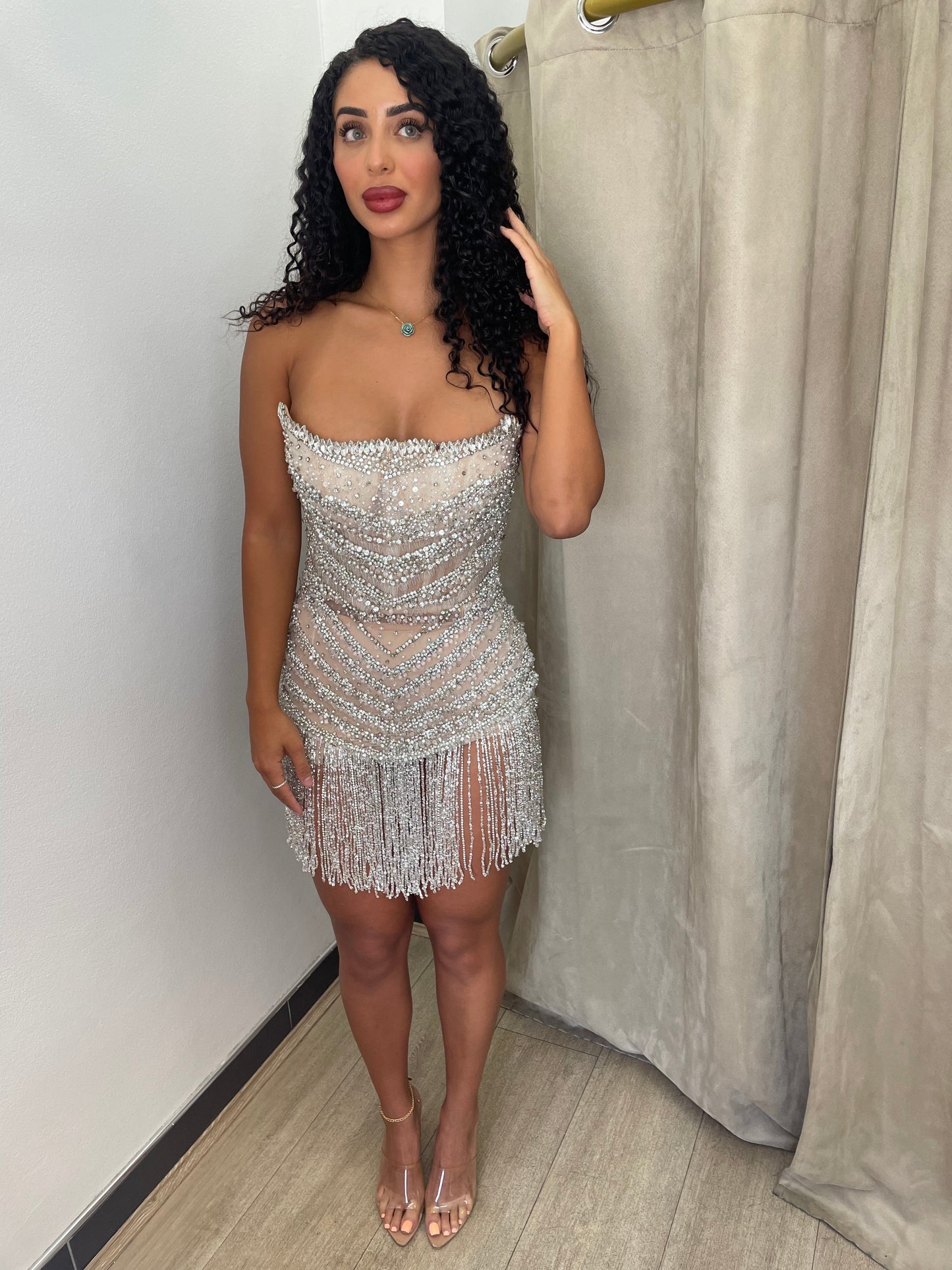 Albina Dyla Strapless Crystal Mini Dress - Silver