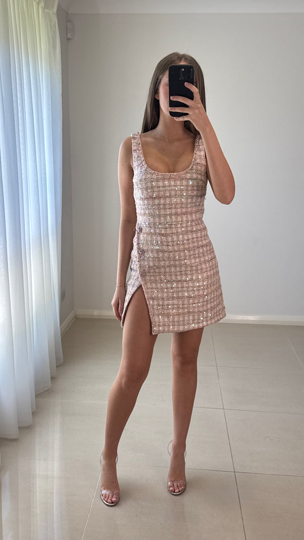 Self Portrait Boucle Tweed Mini Dress - Pink