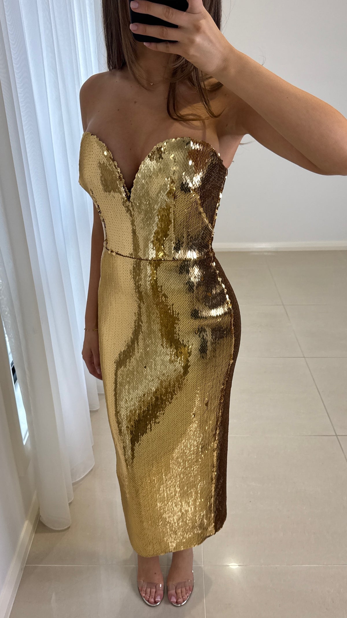 Alex Perry Metallic Strapless Midi Dress - Gold