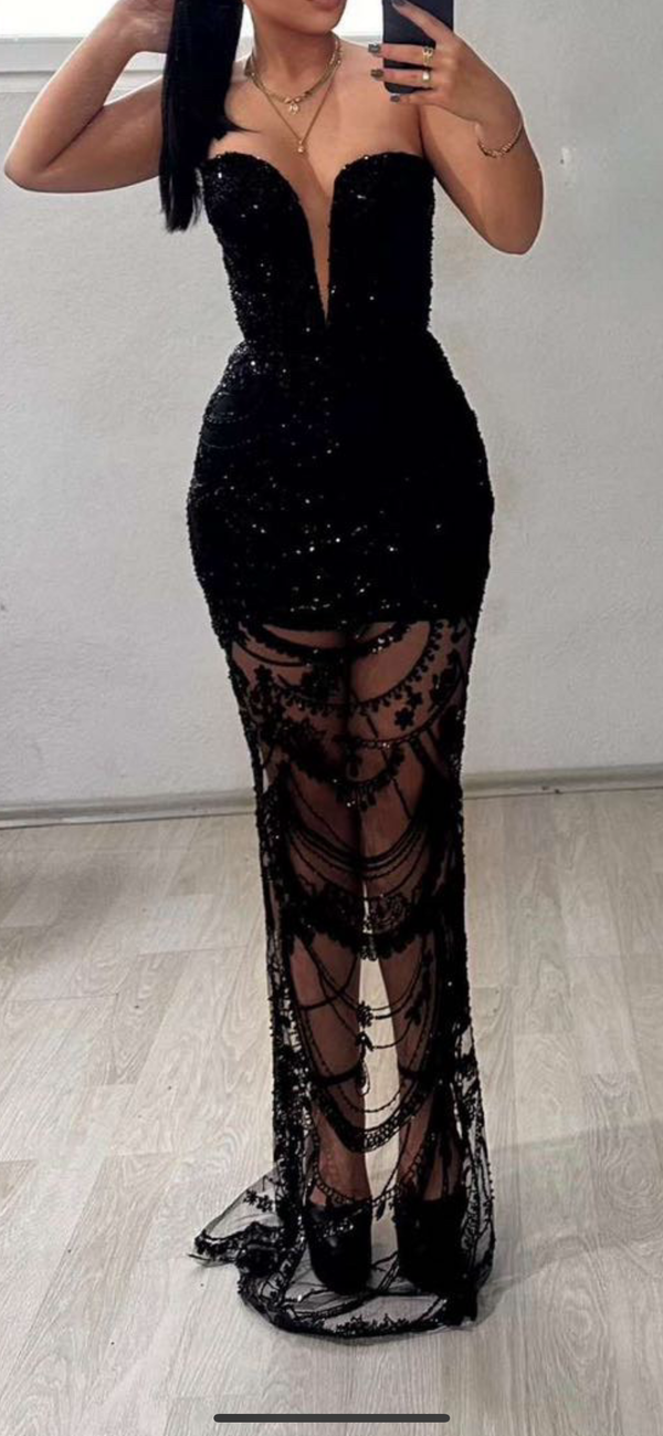 Sbs Tara Beaded Black Plunge Dress