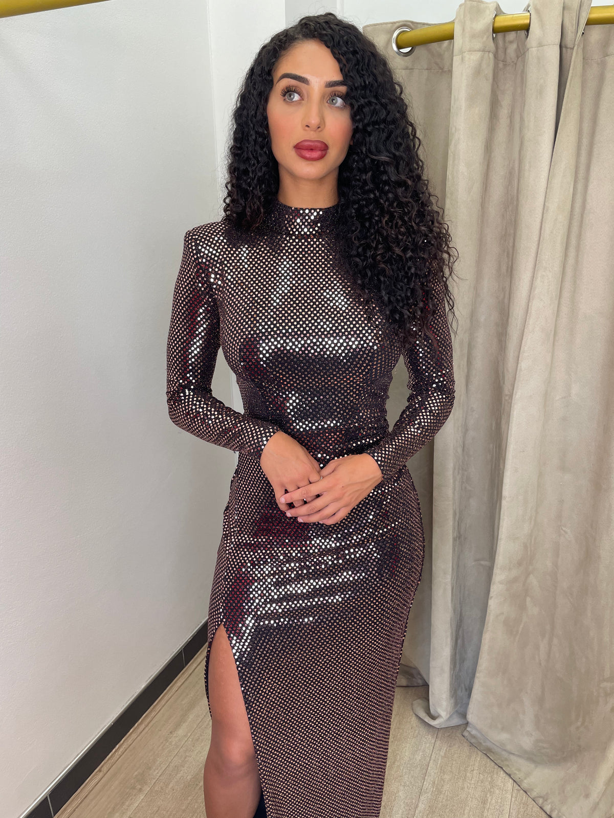 Lia Stublla Long Sleeve Metallic Rose Gold Gown