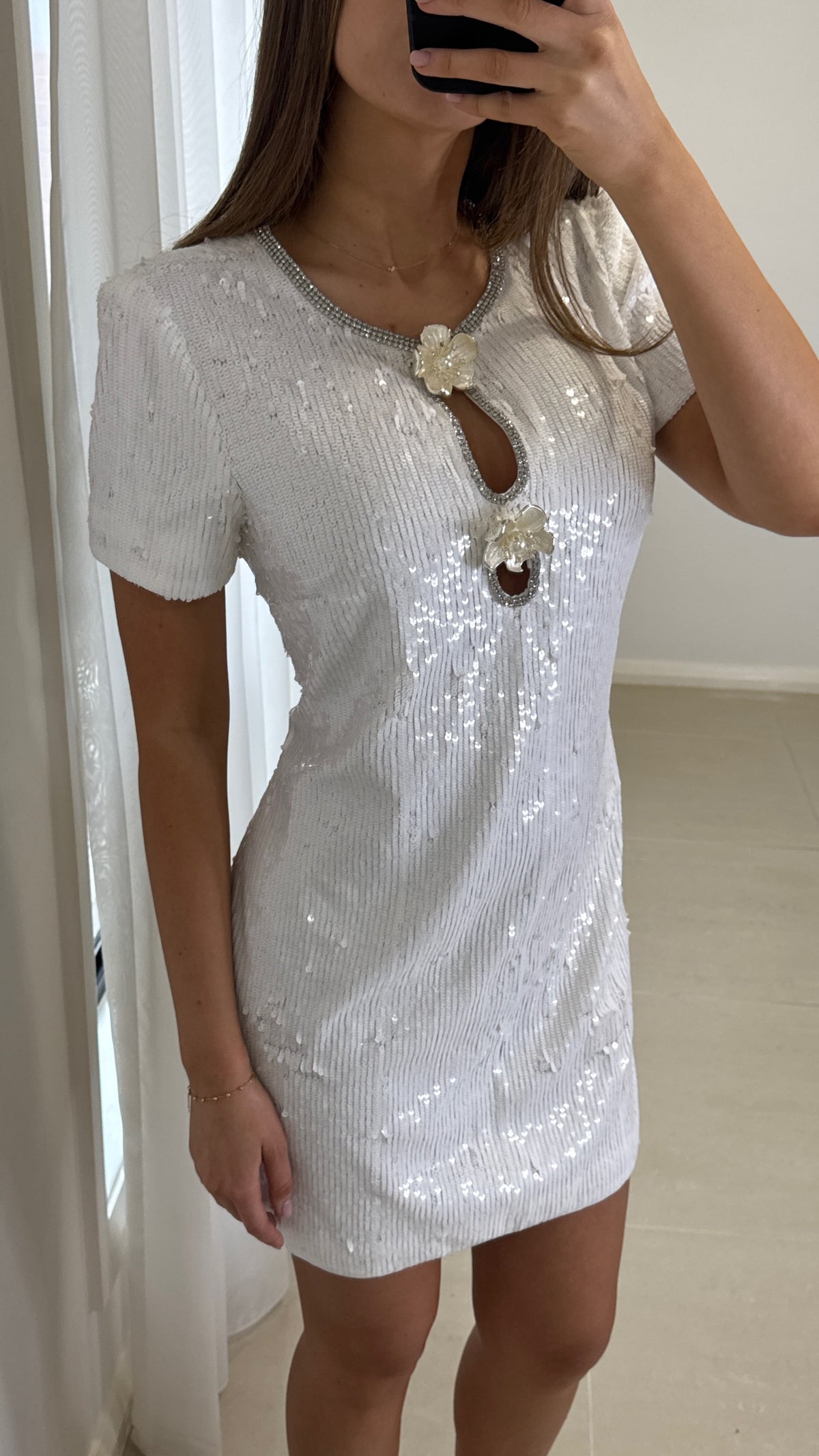 Self Portrait Embellished Flower Mini Dress - White