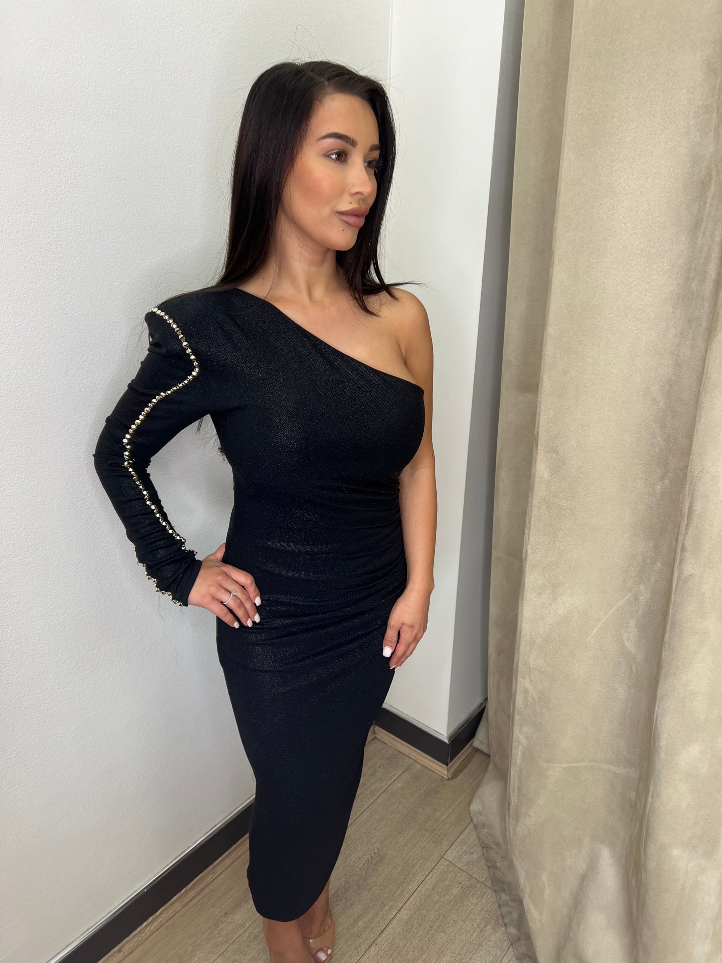 Meraki Artine One Shoulder Midi Dress - Black