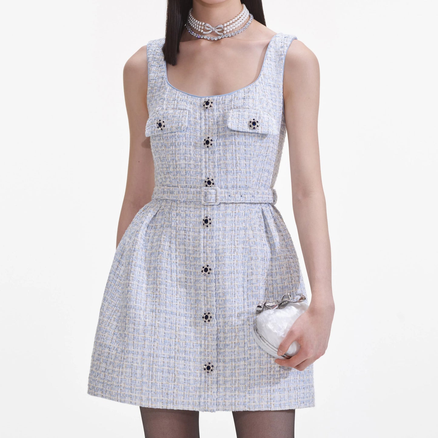 Self Portrait Boucle Sleeveless Mini Dress - Blue