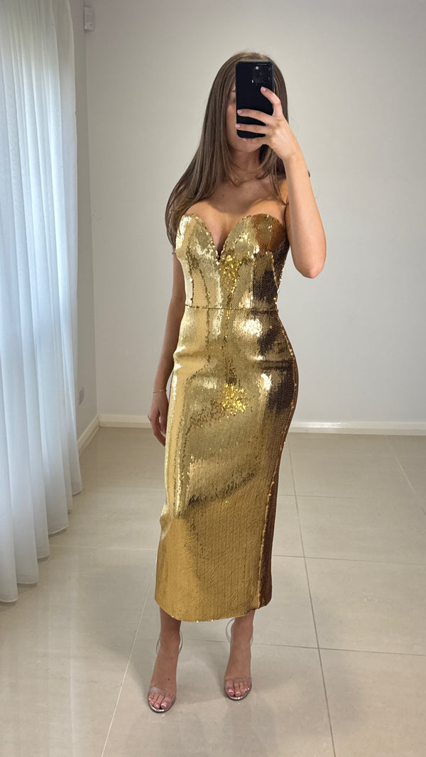 Alex Perry Metallic Strapless Midi Dress - Gold