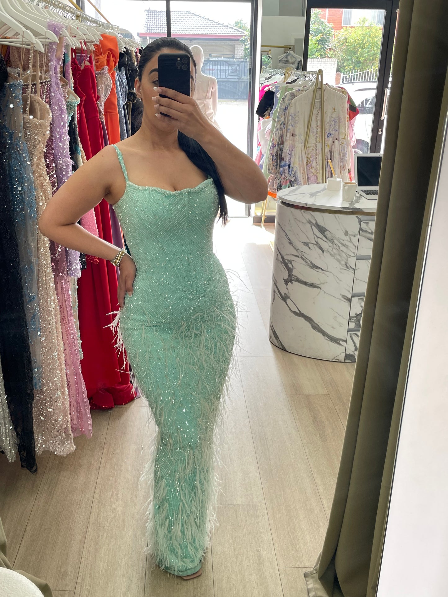 Sbs Turquoise Beaded Feather Gown