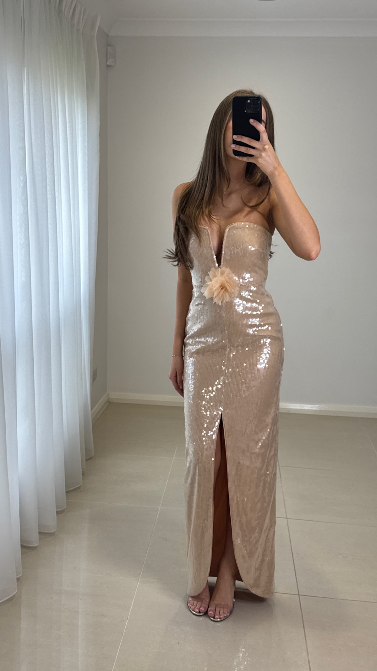 Self Portrait Nude Sequin Plunge Flower Gown