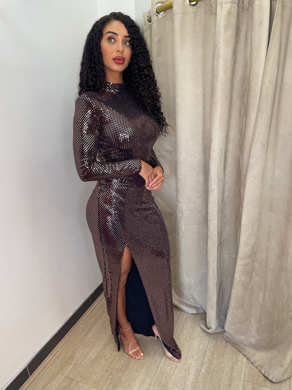 Lia Stublla Long Sleeve Metallic Rose Gold Gown