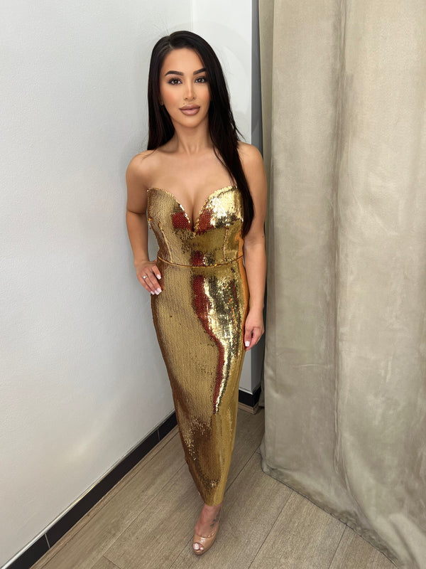 Alex Perry Metallic Strapless Midi Dress - Gold