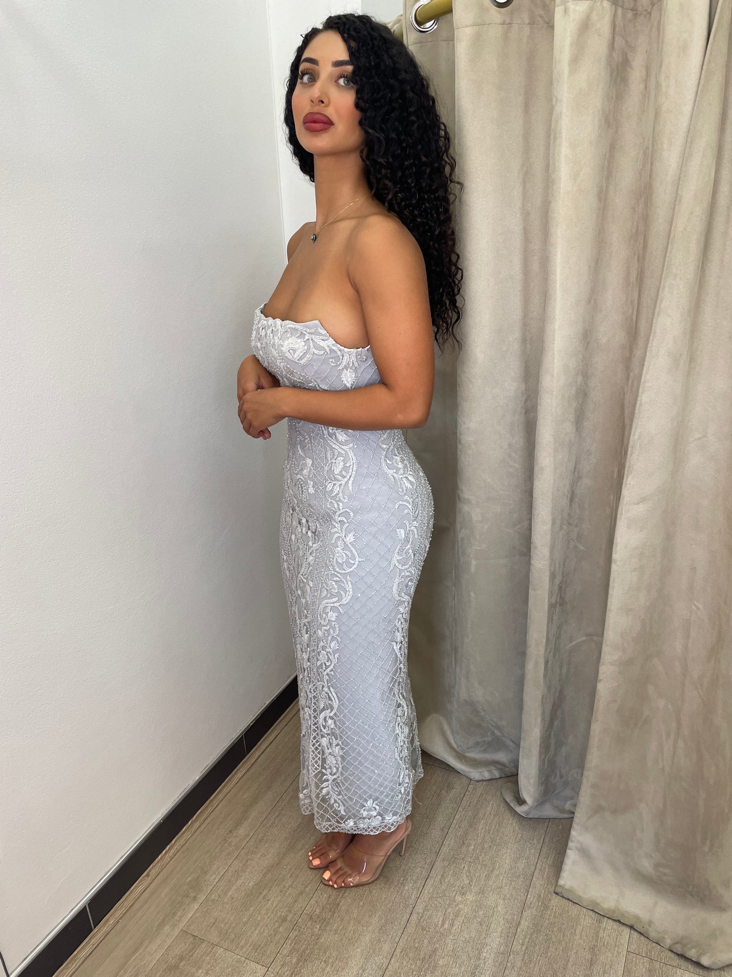 Lillian Khallouf beaded Midi Dress – Silver