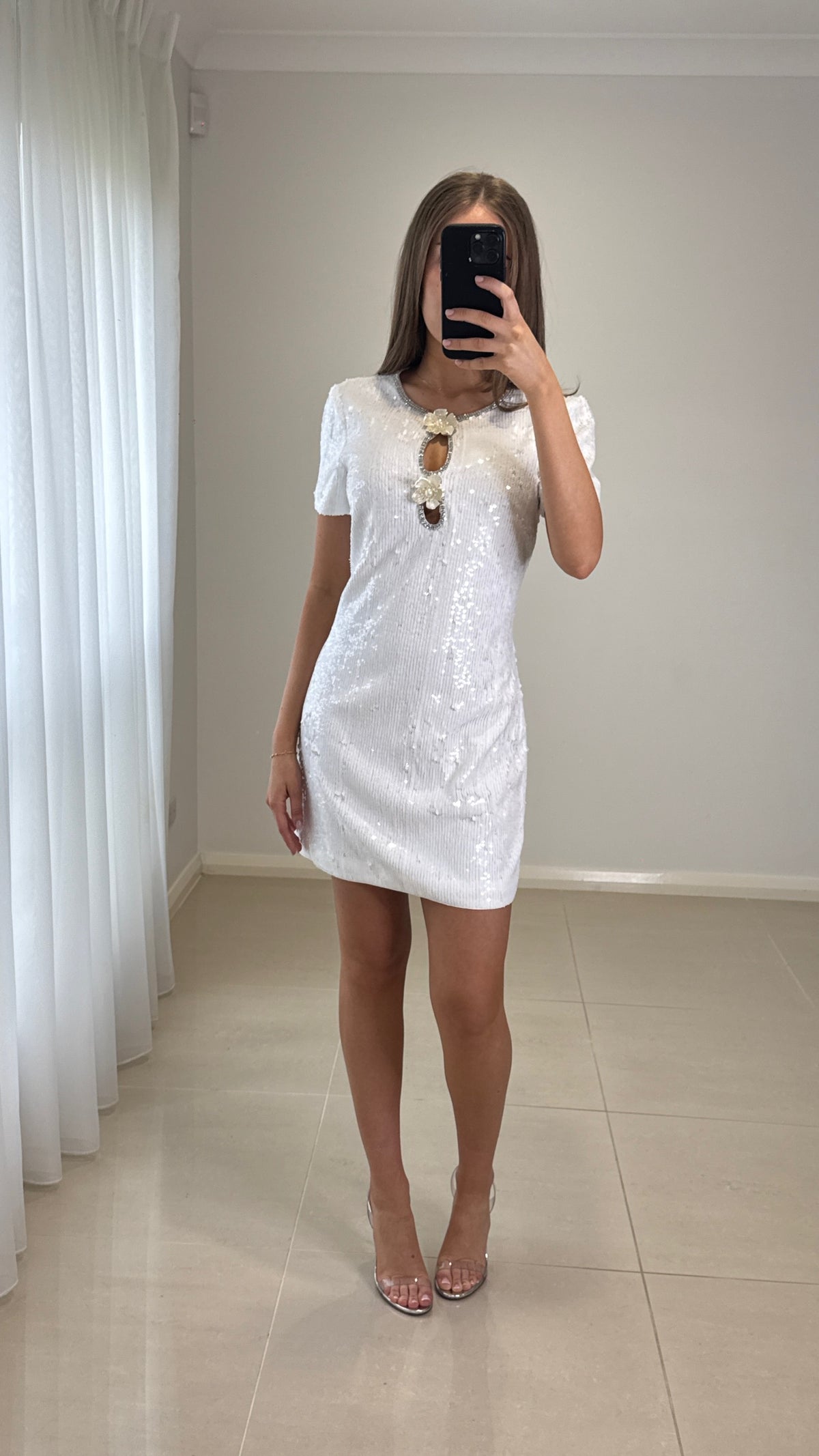 Self Portrait Embellished Flower Mini Dress - White