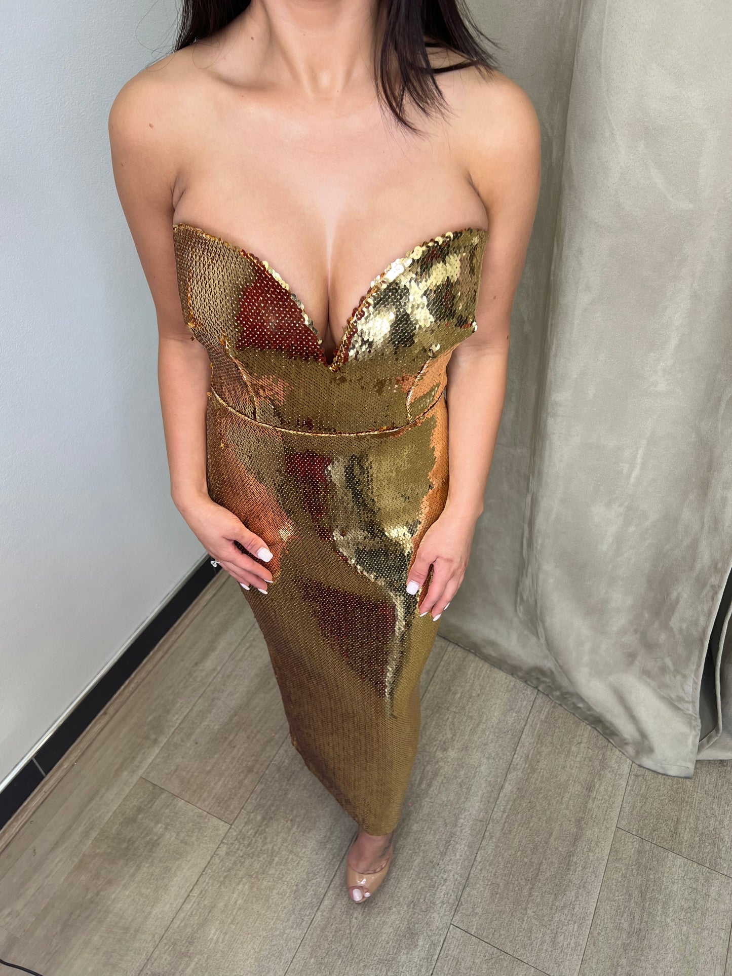 Alex Perry Metallic Strapless Midi Dress - Gold