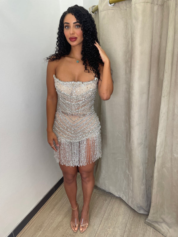 Albina Dyla Strapless Crystal Mini Dress - Silver