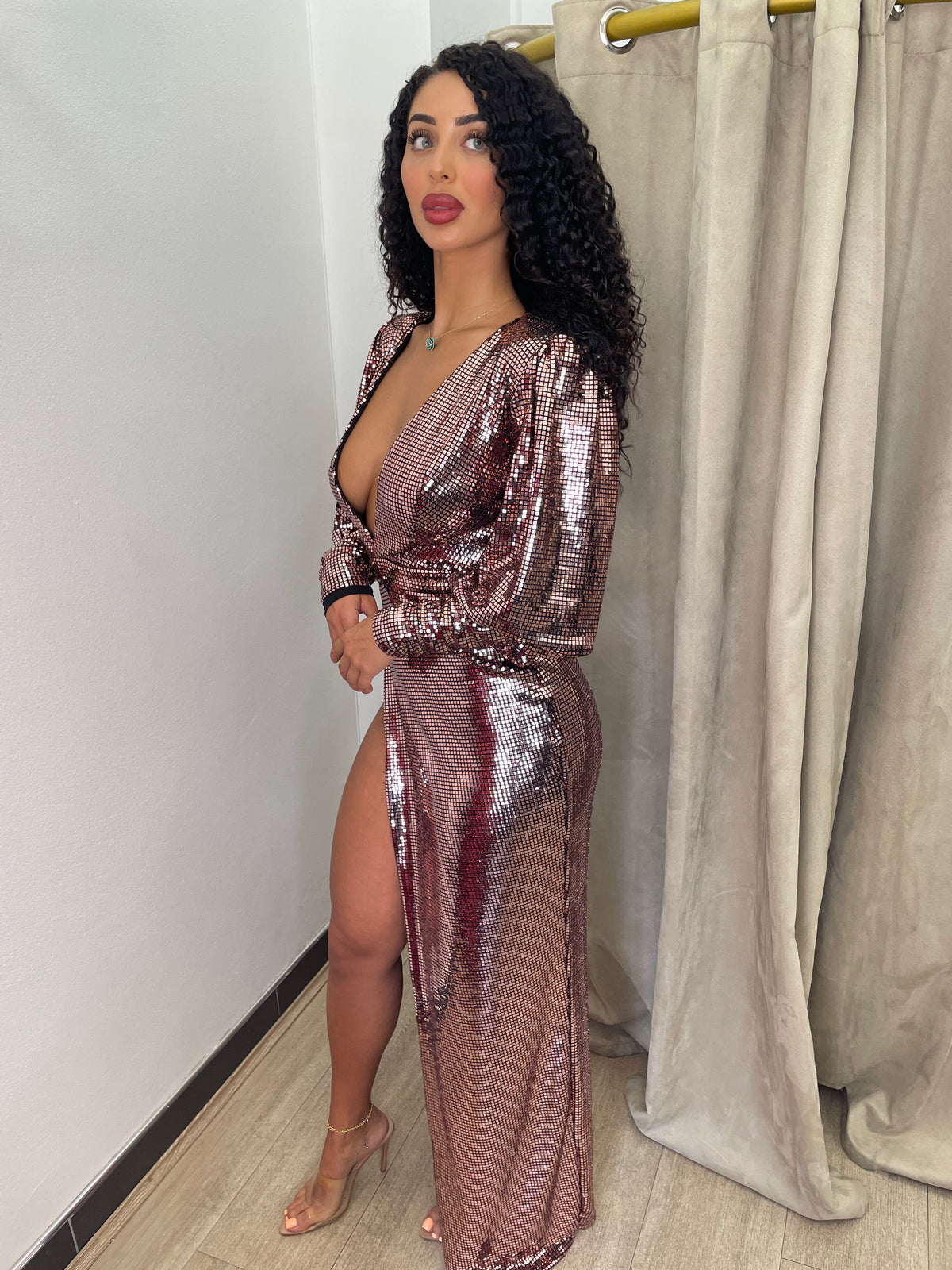 Lia Stublla Metallic Rose Gold Gown