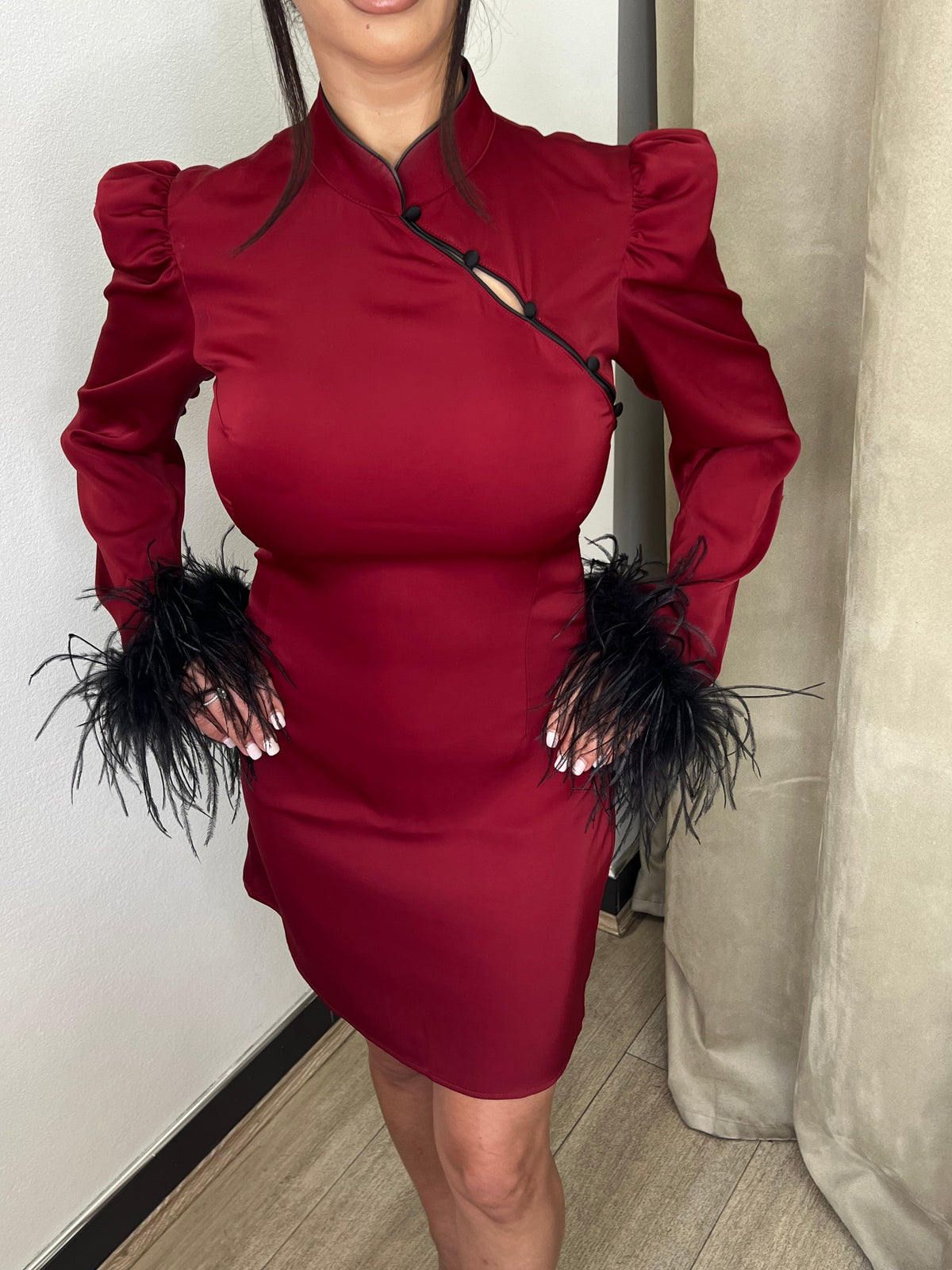 De La Vali Red Feather Mini Dress
