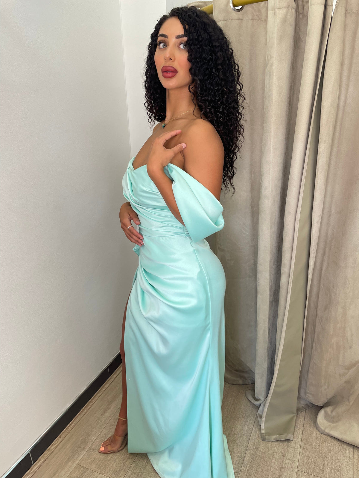 Amara Mint Green Off Shoulder Gown