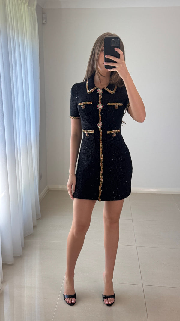 Self Portrait Embellished Mini Knit Dress - Black