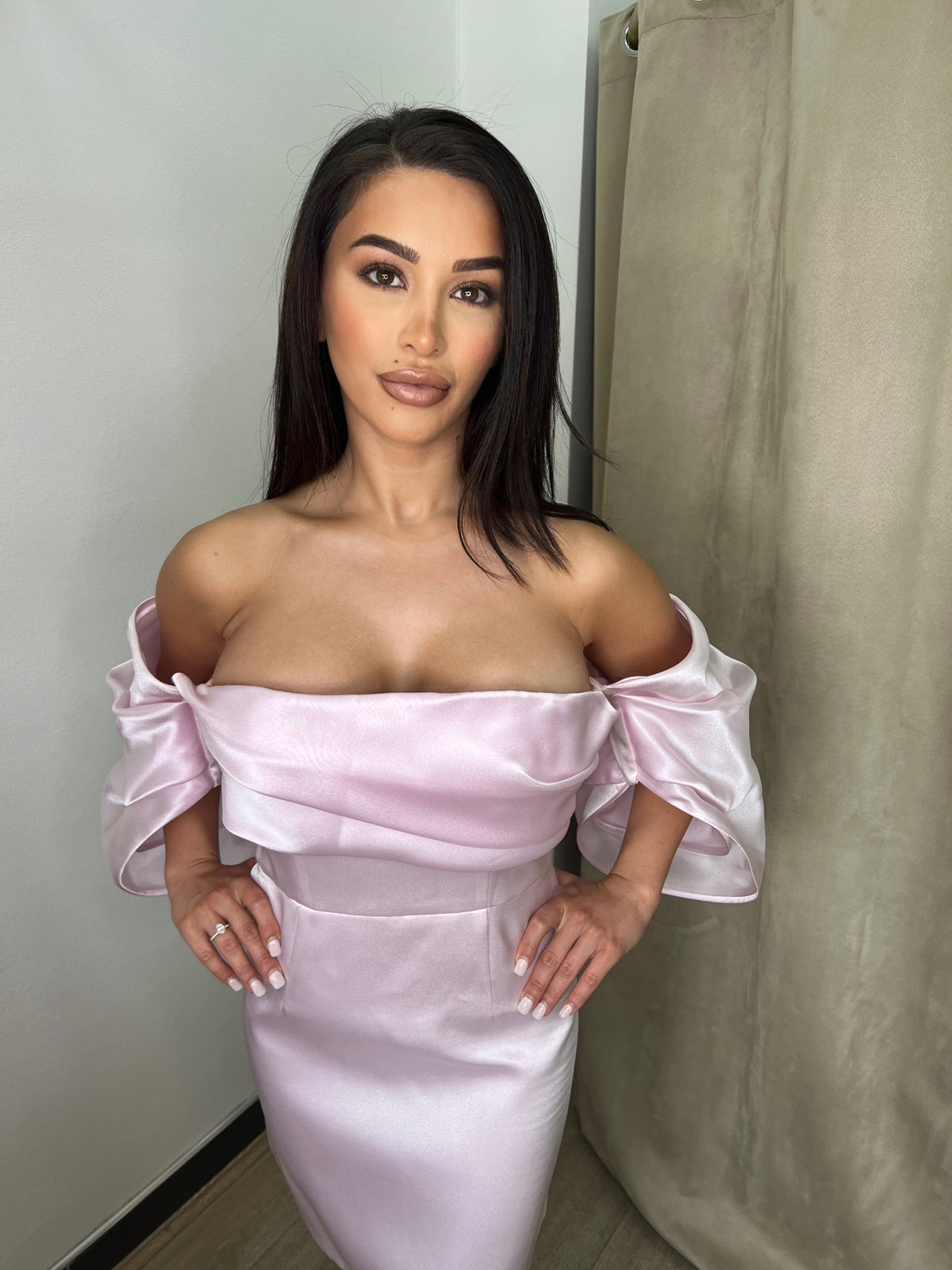 Clara Satin Pink Off Shoulder Mini Dress