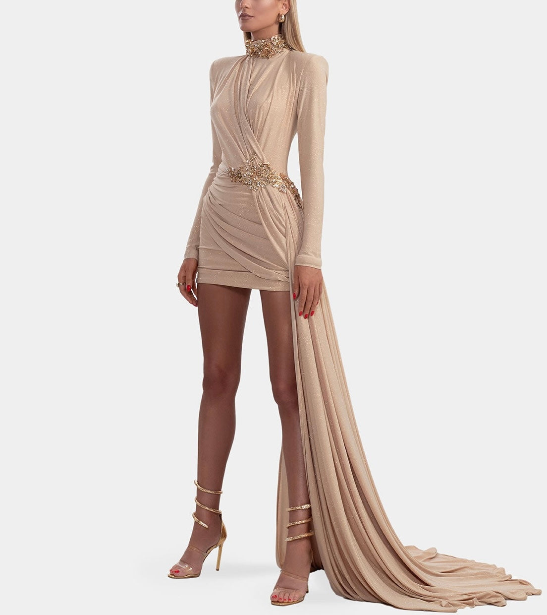 Albina Dyla Nude Long Sleeve Mini Drape Dress