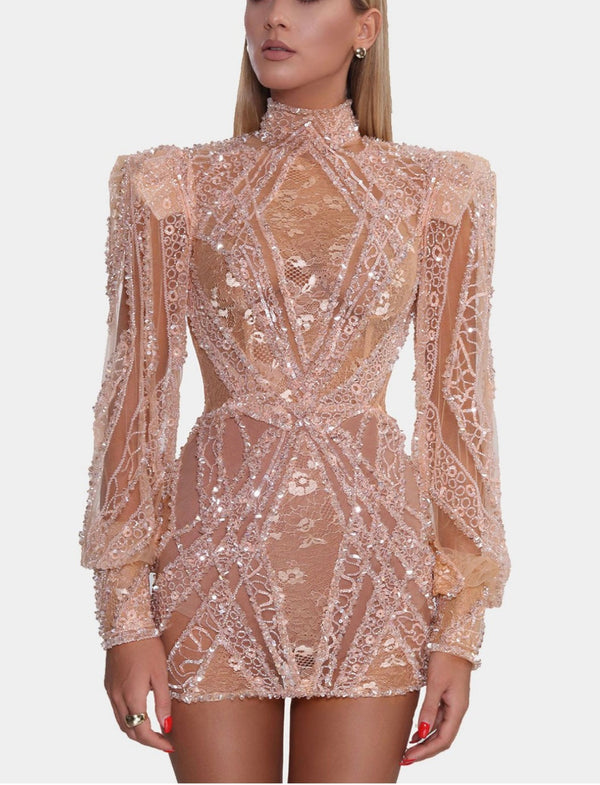 Albina Dyla Beaded Mini Dress - Peach