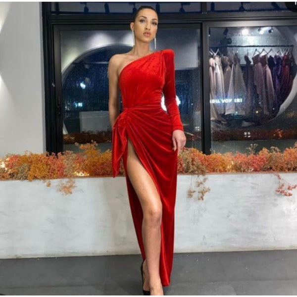 Lia Stublla One Sleeve Velvet Gown - Red