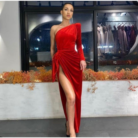 Lia Stublla One Sleeve Red Velvet Gown