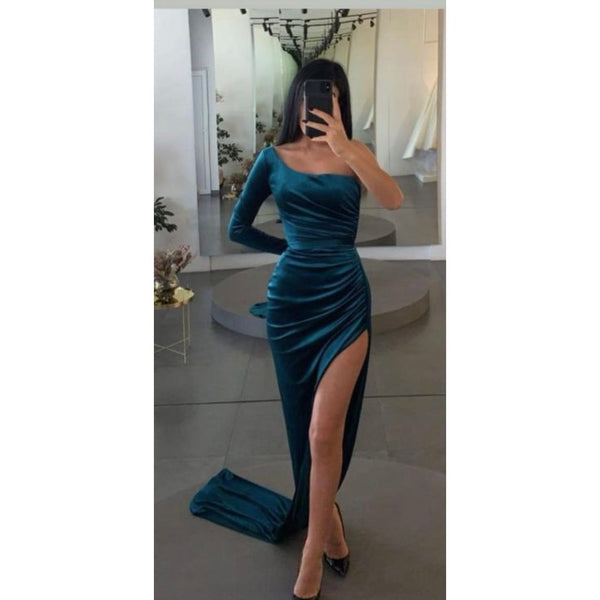 Lia Stublla Velvet One Sleeve Gown - Teal