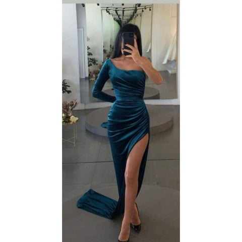 Lia Stublla Velvet Teal One Sleeve Gown