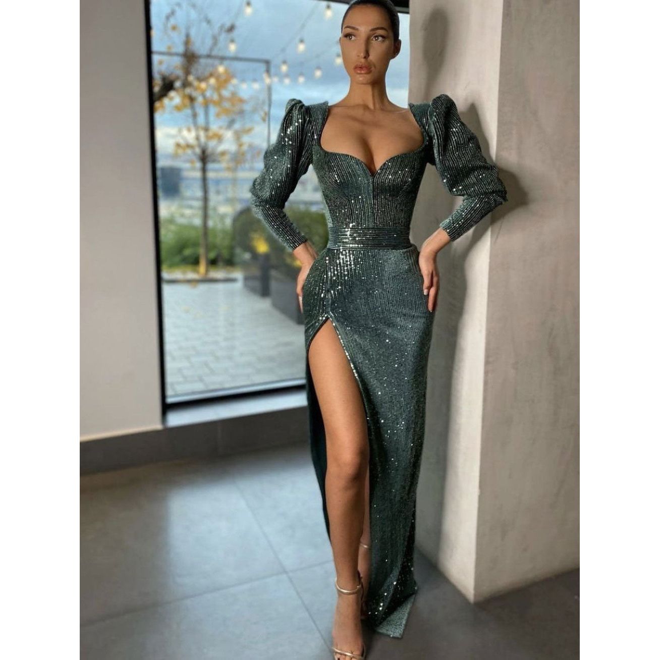 Lia Stublla Sequin Puff Sleeve Gown - Green