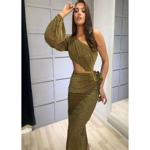 Sally Gold One Sleeve Midi Dress