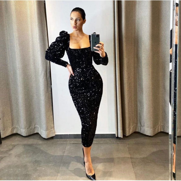 Lia Stublla Sequins Puff Sleeve Midi - Black