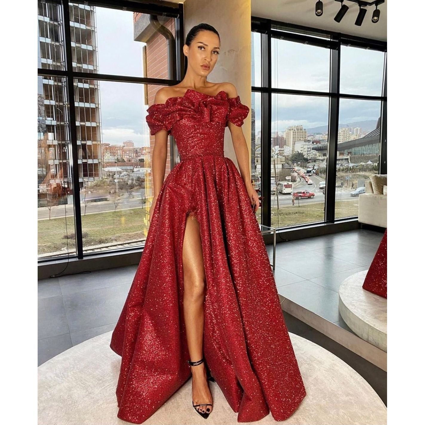 Lia Stublla Belle Glitter Gown – Red
