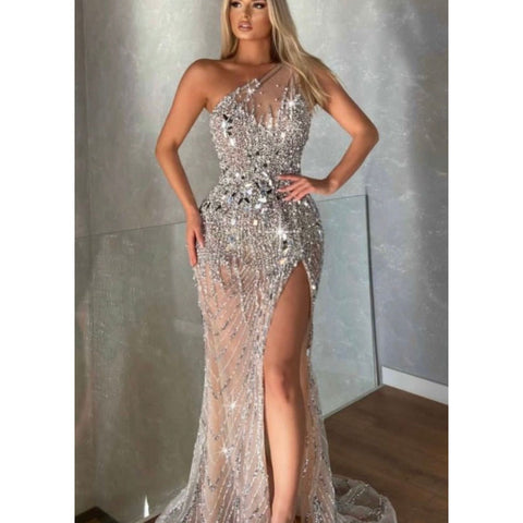 Walone Beaded Silver One Shoulder Gown